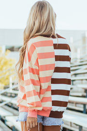 Brown stripe pullover sweatshirt with drop-shoulder design for a slouchy look