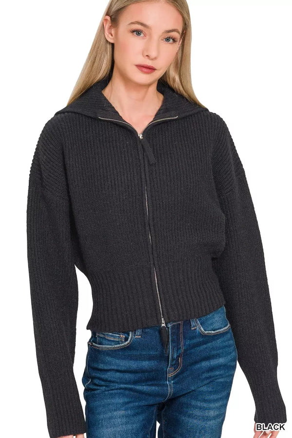 Ribbed Collared Zip-Up Cardigan Sweater — Zenana