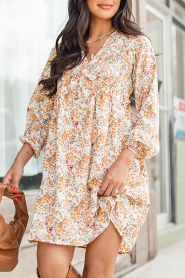 Yellow Boho Floral V-Neck Ruffled Long Sleeve Mini Dress