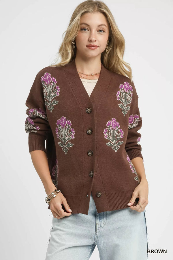 Floral Jacquard Button-Up Cardigan Sweater