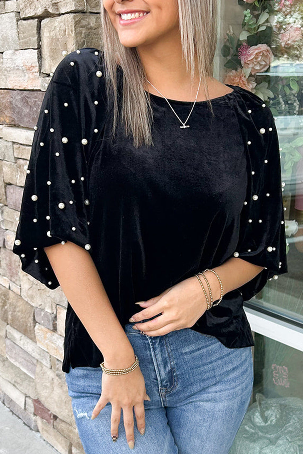 Black Pearl Beaded Velvet Top with round neck and pearl-trimmed detail