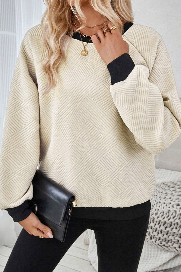 Color Block Raglan Sleeve Textured Crew Neck Top