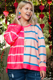 Rose Stripe color block plus size top with crewneck and long sleeves