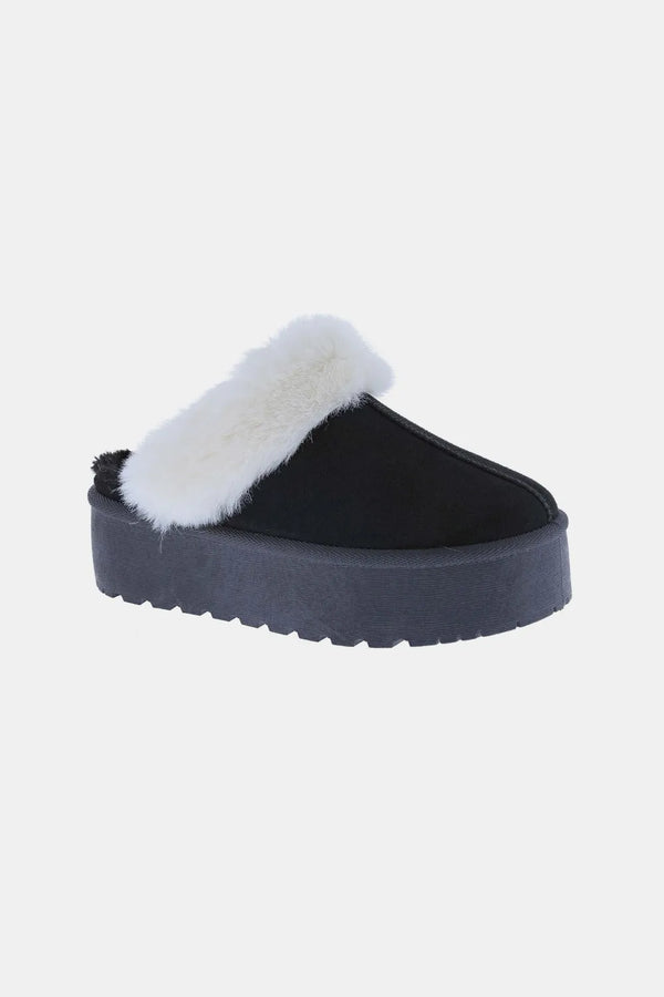 Black Faux-Fur Trim Platform Slip On Shoes