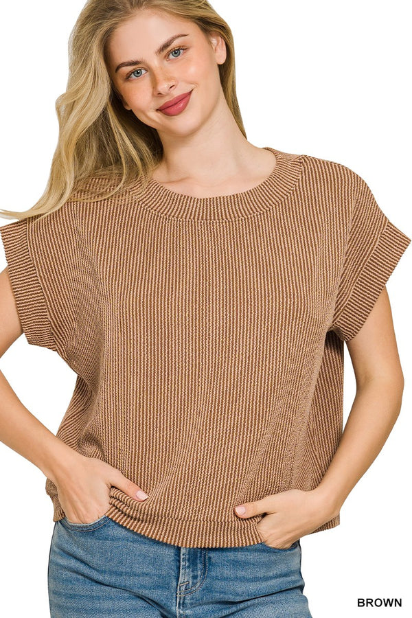 Raised Rib Cap Sleeve Top — Relaxed Fit Womens Top in Brown