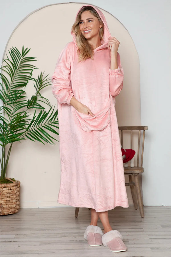 Pocketed Hooded Midi Lounge Dress with Sleeves