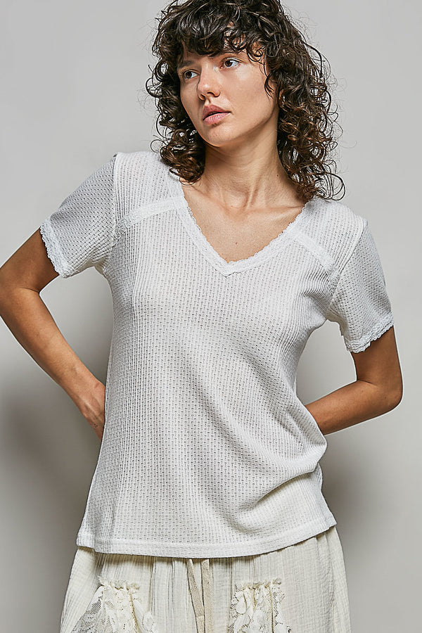 V-Neck Lace Detail Short Sleeve Textured T-Shirt