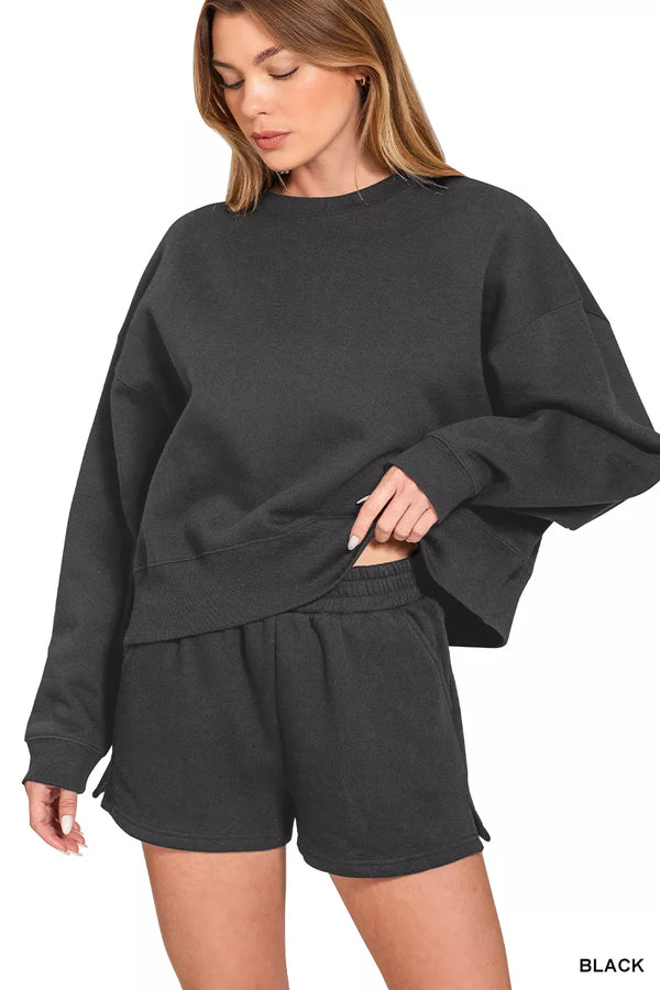 Cozy Fleece Round Neck Sweatshirt and Shorts Set — Zenana