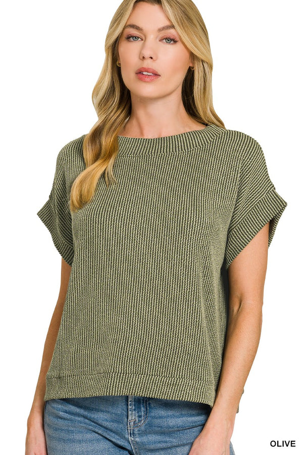 Raised Rib Cap Sleeve Knit Top — Olive Green Womens Top