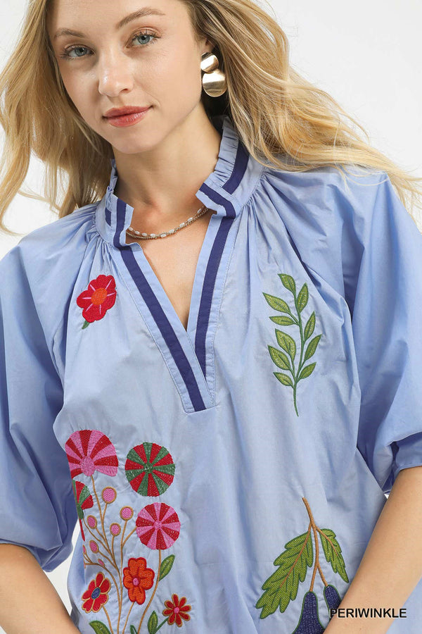 Embroidered Floral V-Neck Blouse with Puff Sleeves