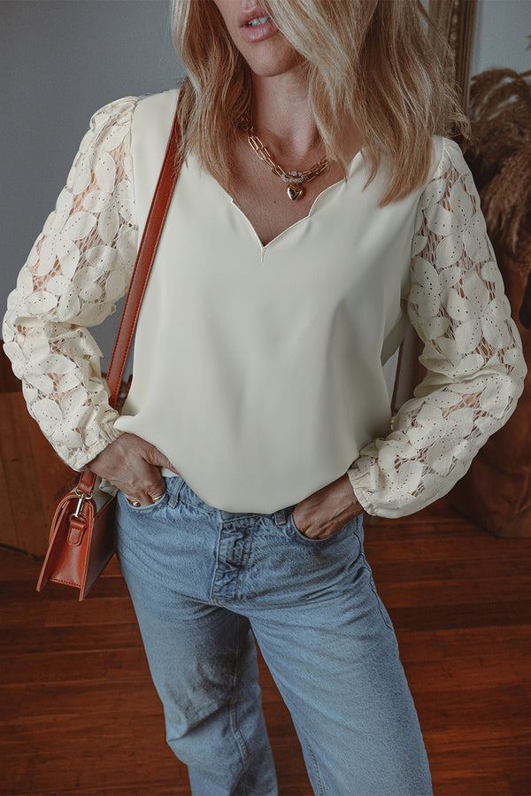 White Blouse with Scalloped V-Neck & Lantern Sleeve Lace