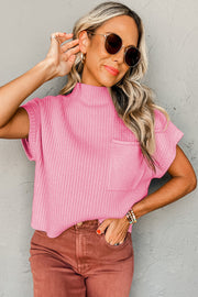 Pink short sleeve sweater featuring a handy front patch pocket