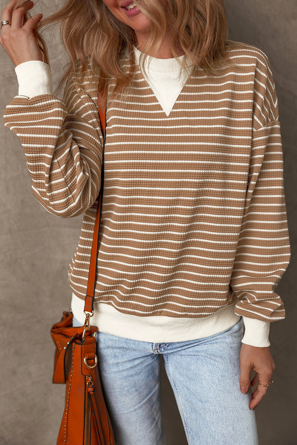 Khaki Stripe Patched Edge Textured Long Sleeve Top
