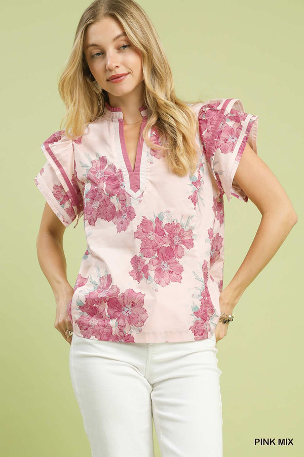 Floral Ruffle Sleeve Blouse with Split Neckline