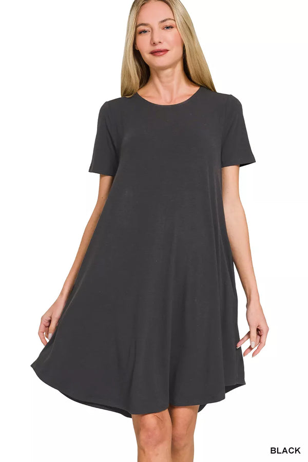 Short Sleeve A-line Dress with Side Pockets