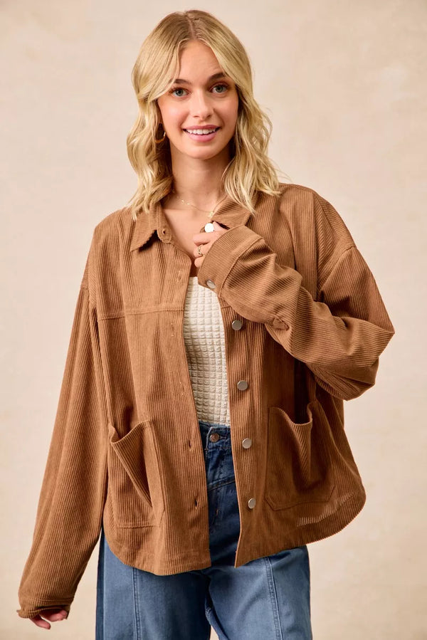 Womens Shacket Jacket — BiBi Corduroy Relaxed Fit with Back Pleat