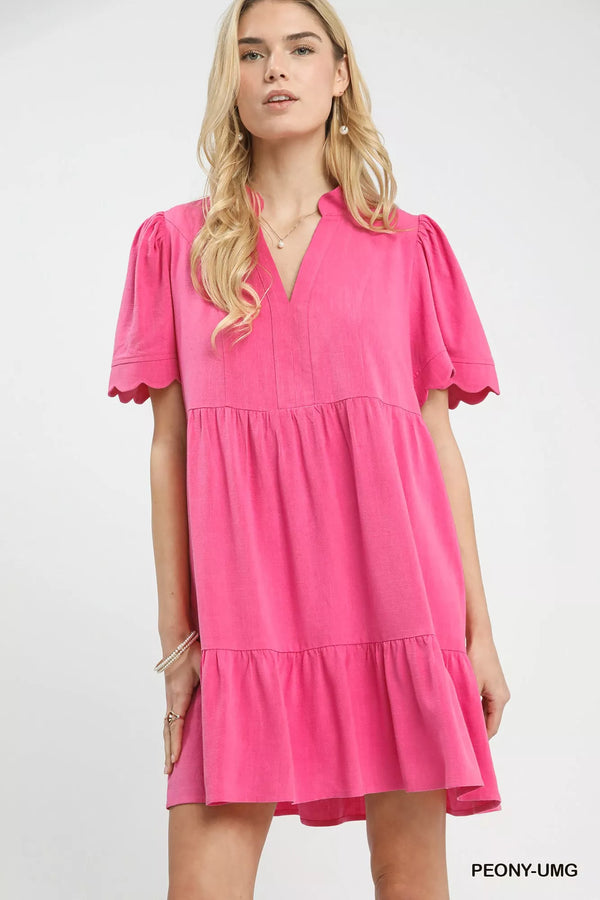Sage Green Linen Tiered Babydoll Dress with Scalloped Sleeves