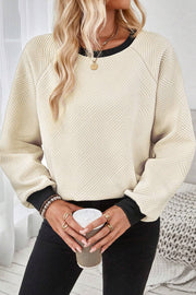 Color Block Textured Long Sleeve Top with round crew neckline