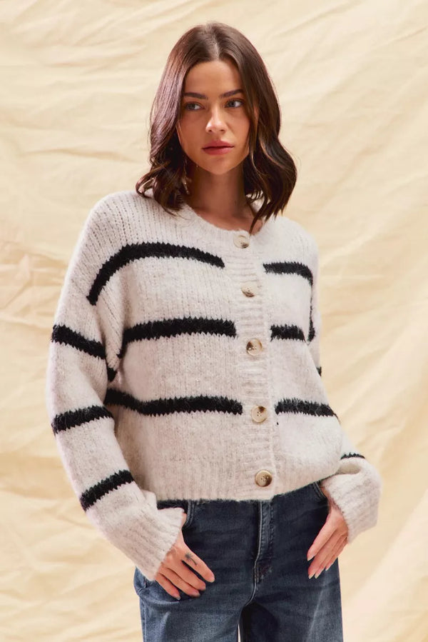 Striped Soft Touch Button-Front Cozy Cardigan Sweater