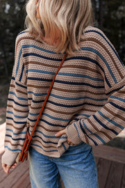 Round neck striped knit sweater in acrylic cotton blend