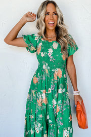 Green floral dress detail of short puff bubble sleeves