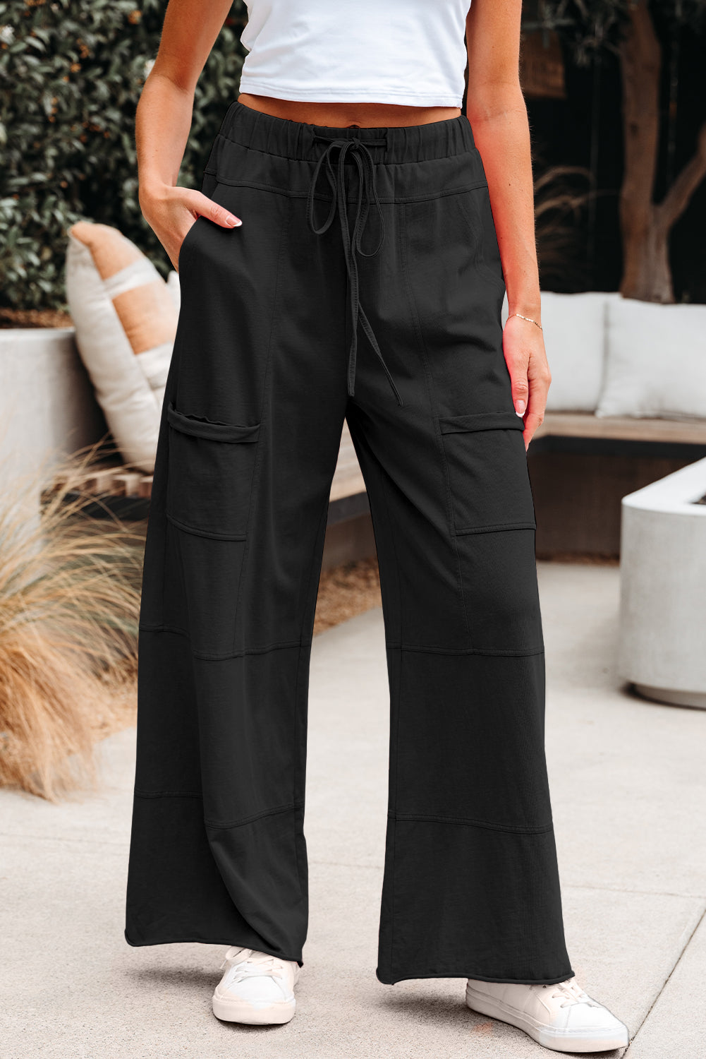 Mineral Wash Wide Leg Cargo Pants with Drawstring Waist