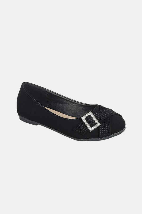 Ballet Flats with Rhinestone Buckle — Slip-On Black Flats for Women