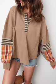 Beige long sleeve henley top with high-stretch waffle weave
