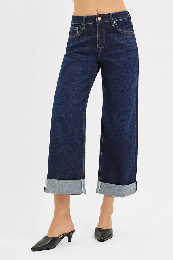 Wide Jeans Womens RISEN Mid Rise Ankle Roll-Up Denim