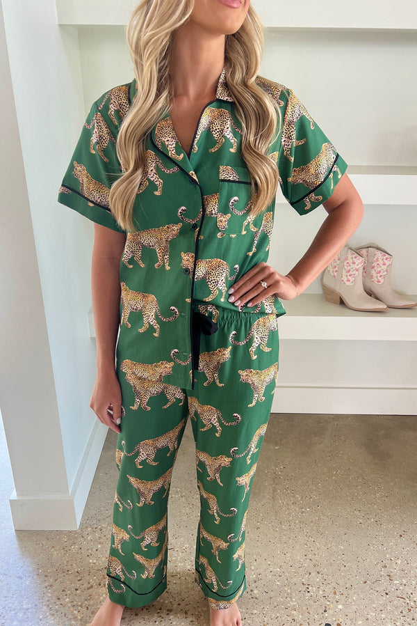 Cheetah Print Green Short Sleeve Pajama Set