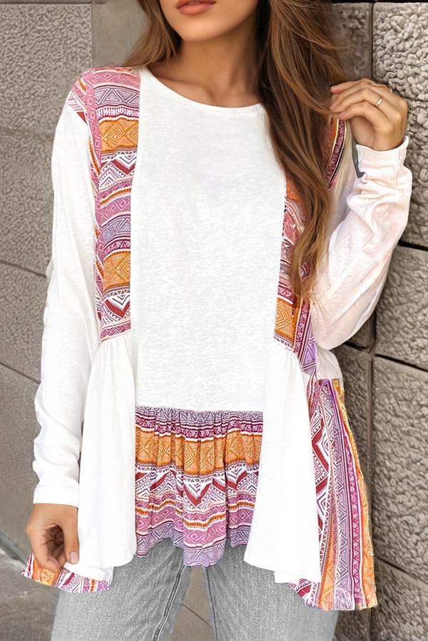 White Aztec Print Patchwork Ruffled Babydoll Tunic Top
