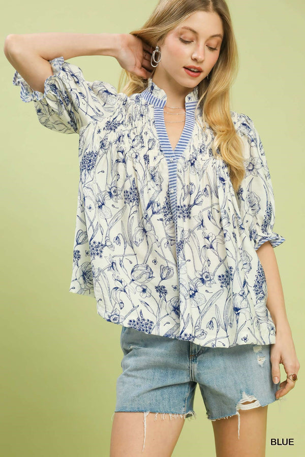 Mixed Print Puff Sleeve Blouse