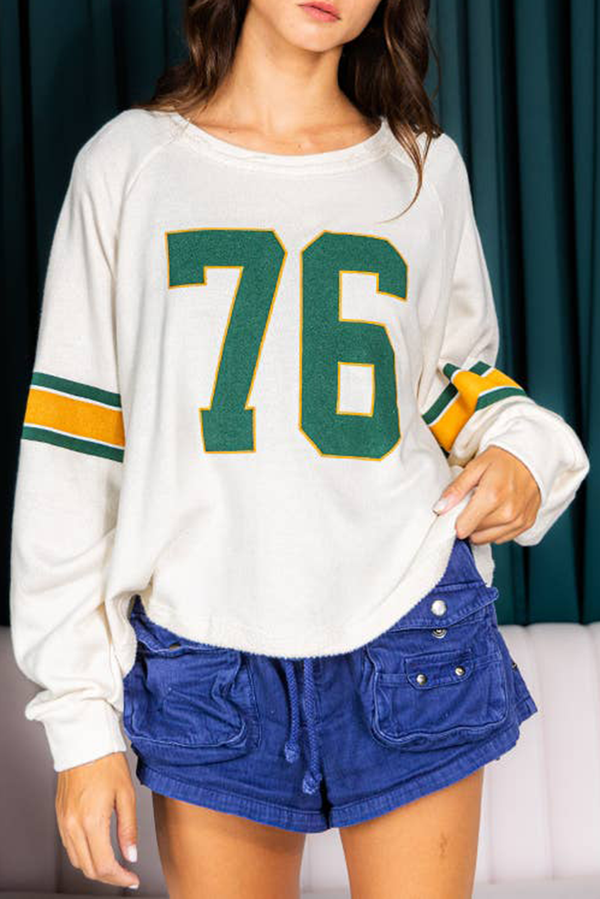 White Number 76 Retro Sporty Long Sleeve Top