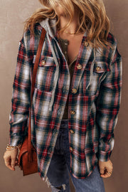 Red plaid hooded shacket with chest pocket for casual layering