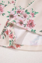 Pink floral blouse with high-stretch fabric and soft pleats