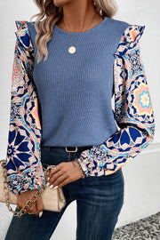 Ashleigh Blue waffle knit blouse with floral patchwork long sleeves