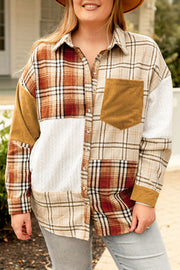 Relaxed plaid shacket layering piece in golden apricot