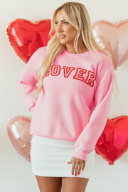 Round neck pink LOVER puff print pullover with long sleeves