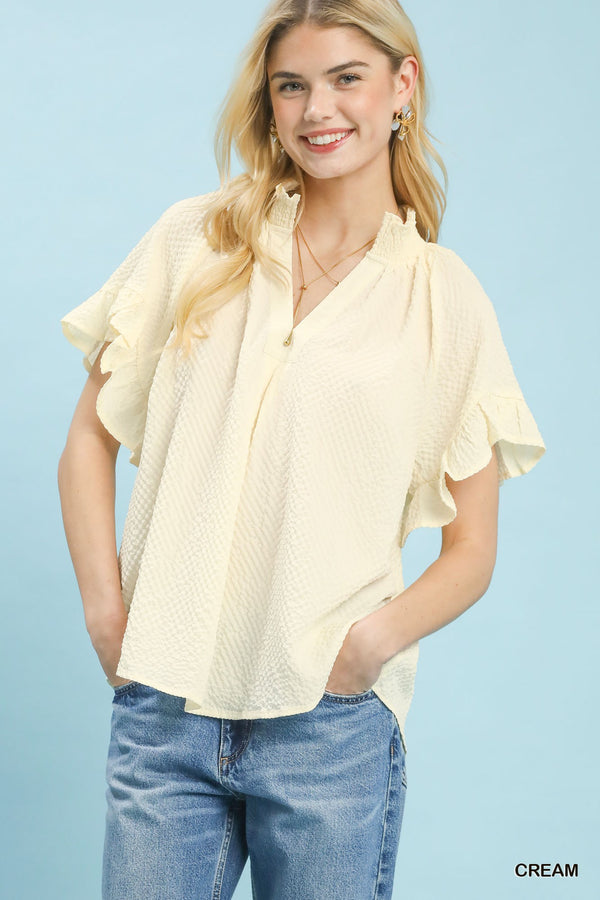 Textured Ruffle Sleeve Blouse