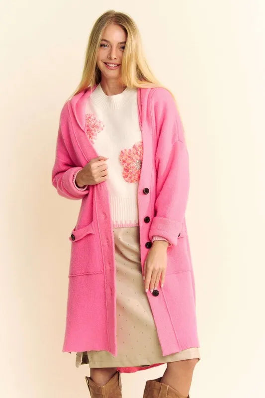 Side-Slit Button-Up Hooded Cardigan