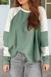 Mint green ribbed colorblock raglan long sleeve top with crew neck