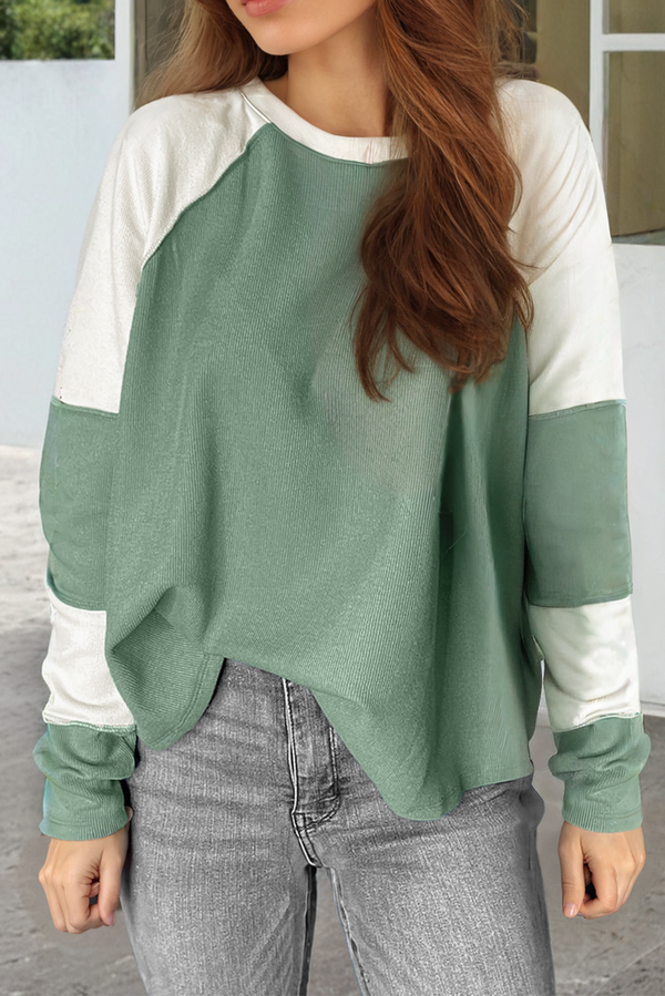 Mint Green Ribbed Colorblock Raglan Long Sleeve Top