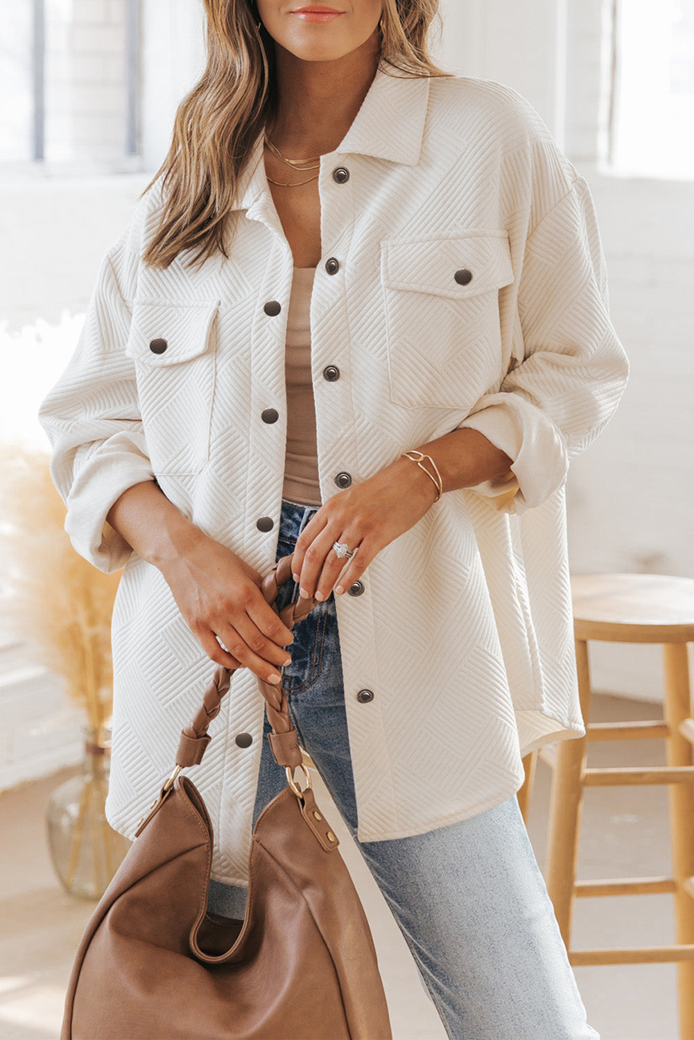 Beige Textured Buttoned Shacket with functional flap pockets and long sleeves