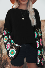 Black floral crochet bell sleeve sweater with soft ribbed body