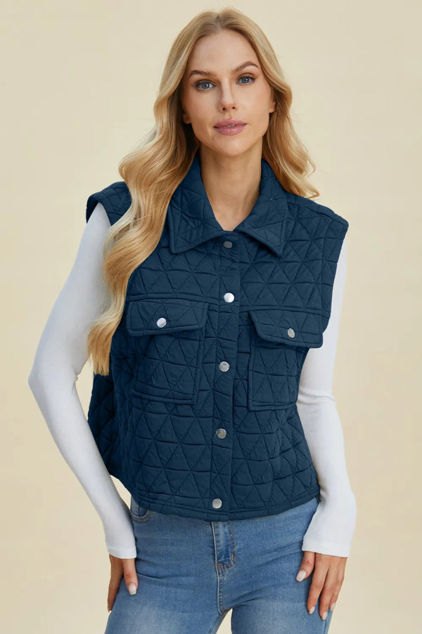 Textured Snap-Down Pocketed Vest Coat