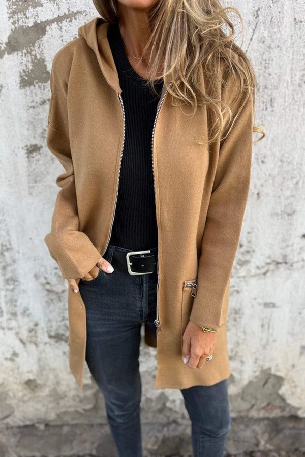 Light French Beige Womens Zip Up Jacket Hooded Coat