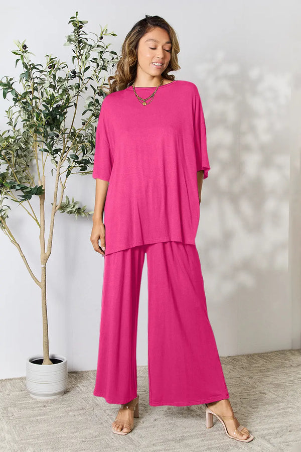 Black Pants Two-Piece Set: Round Neck Slit Top & Matching Pants