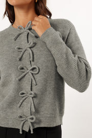 Ribbed knit gray cardigan highlighting sweet bow-front detail