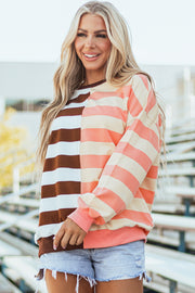Casual brown stripe drop shoulder sweatshirt styled for everyday wear