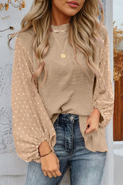 Parchment Swiss dot balloon sleeve blouse with round neckline